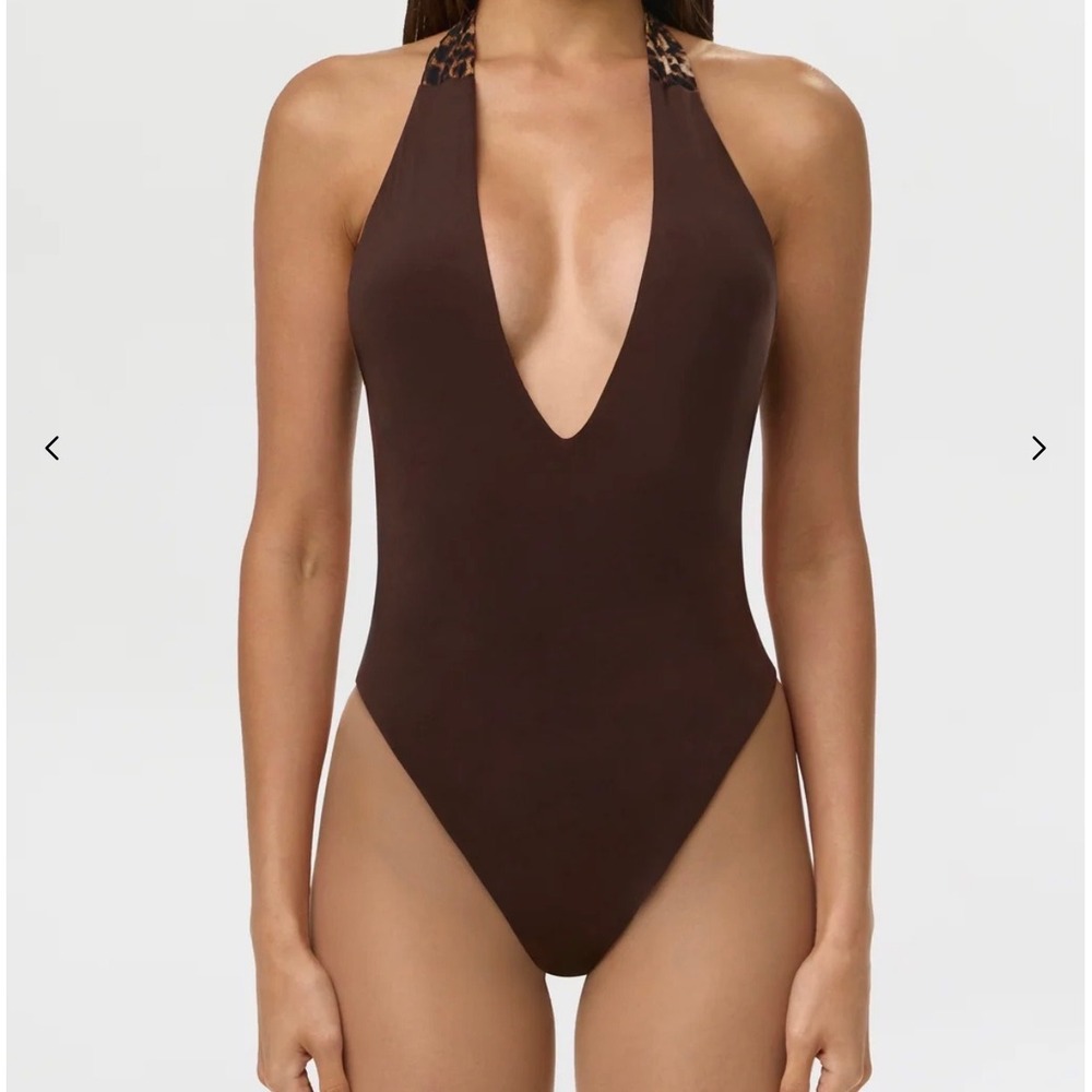 Naked Wardrobe Brown Leopard Halter Deep V Bodysuit Medium